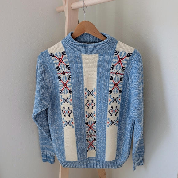 Vintage Nordic Ski Abstract Marled Crewneck Sweater In Light Blue/Ivory - Picture 2 of 5
